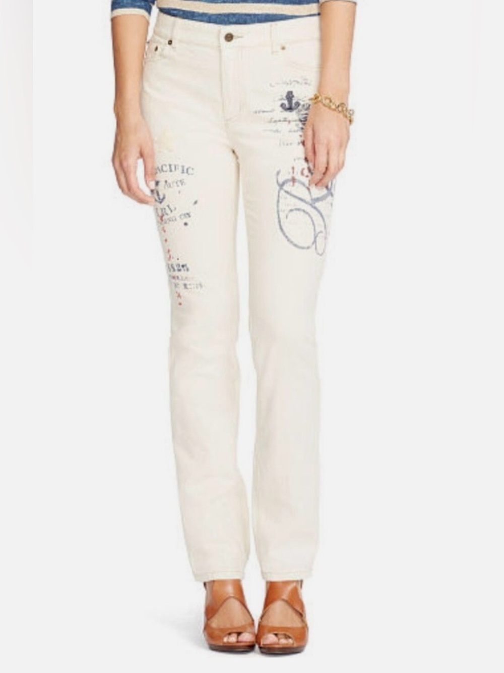 Lauren Ralph Lauren White Jeans 12 Embroidered Graphic Nautical Graffiti Vtg LRL
